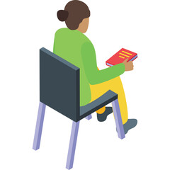 Isometric view of a person in green shirt and yellow pants sitting on a chair reading a red book with white text in a studio setting with transparent background