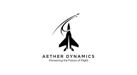 Aether Dynamics logo featuring a sleek fighter jet ascending with a dynamic flight path.