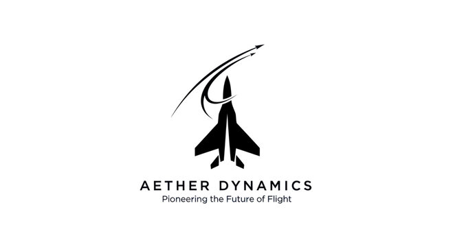 Aether Dynamics logo featuring a sleek fighter jet ascending with a dynamic flight path.