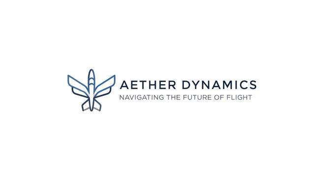 Aether Dynamics logo with futuristic aircraft symbol and tagline Navigating the Future of Flight.