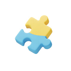 Interlocking jigsaw puzzle piece in blue and yellow, symbolising teamwork and synergy, perfect for illustrating complex solutions and collaborative projects