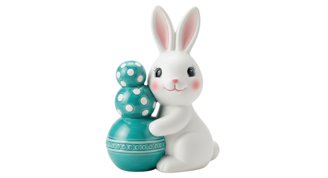 White ceramic Easter bunny character holding stacked turquoise polka dot eggs isolate rabbit figurine decoration cute toy spring celebration holiday festive