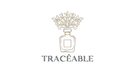 Elegant perfume bottle with floral design and traceable logo.