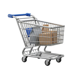 Shopping cart filled with boxes and a shopping bag, perfect for illustrating retail, e-commerce, delivery services, and consumerism concepts