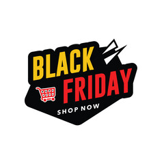 Vector label design for Black Friday sale promotion with bold typography and shopping cart, perfect for marketing materials, e-commerce, and advertising banners.