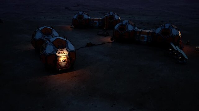 An illuminated Martian colony base showcases futuristic living pods and research equipment under the dark sky, highlighting human exploration efforts and habitation on Mars.