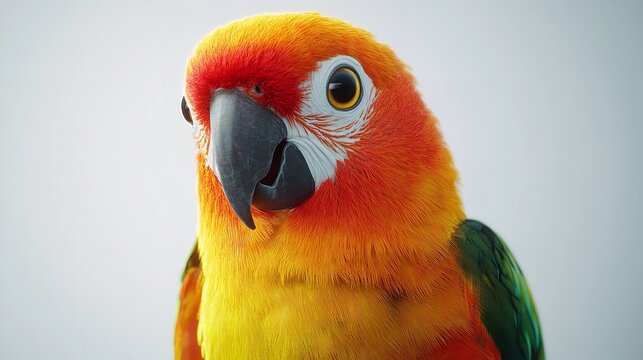 Close up portrait of a sun conure bird with vibrant orange and yellow feathers on a white background