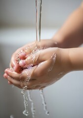 Fototapeta premium close up of child washing hands under running water with soap bubbles for hygiene awareness