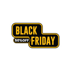 Vector label design for Black Friday sale promotion with discount tag and black-yellow colour scheme, perfect for marketing materials, e-commerce, and advertising banners.