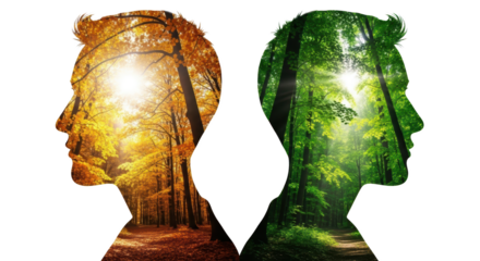 Two human profiles one filled with autumn forest sunlight the other with lush green spring forest isolate Trees Nature Season Silhouette Head Organic Outdoors