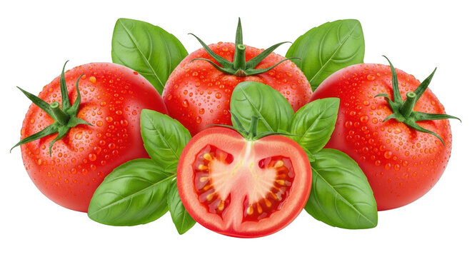 Three ripe red tomatoes with water droplets and fresh green basil leaves one tomato halved Isolate herb vegetable food ingredient water drops dew healthy - Powered by Adobe