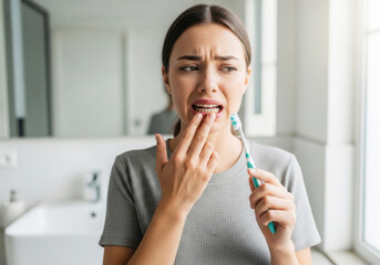 Woman Checking Bleeding Gums After Brushing Teeth in Bathroom