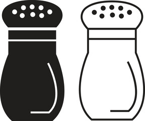 Salt shaker icon set in flat and outline styles. Seasoning container symbols, kitchen spice bottle illustration. Baking and cooking ingredient, condiment holder silhouette and utensil designs vectors.