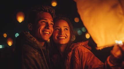 A young Caucasian man and a young Asian woman smile while holding a glowing lantern at night. Lanterns illuminate the dark sky in the background.
