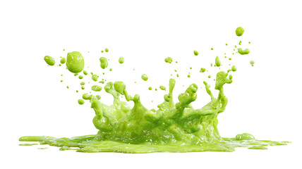Green slime splashing with liquid texture and dynamic motion forming glossy drops and drips isolated on white background