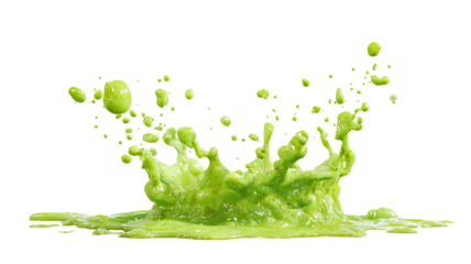 Green slime splashing with liquid texture and dynamic motion forming glossy drops and drips isolated on white background