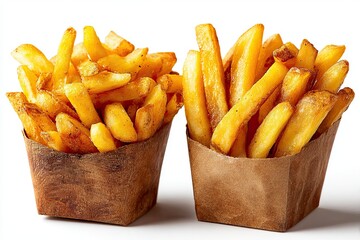 French fries in paper boxes on a white background