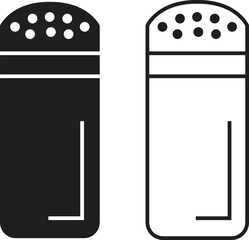 Salt shaker icon set in flat and outline styles. Seasoning container symbols, kitchen spice bottle illustration. Baking and cooking ingredient, condiment holder silhouette and utensil designs vectors.