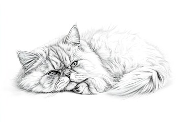 A detailed pencil drawing of a fluffy white cat lying down with its paws tucked underneath itself