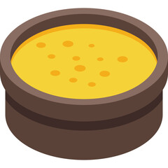 Isometric view of a rustic brown pot filled with glowing yellow soup or stew with visible bubbles on a clean background