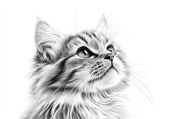 A detailed monochrome drawing of a fluffy cat looking up with a curious expression on a white background
