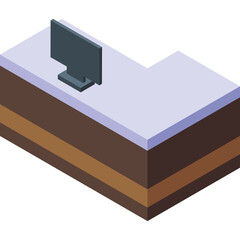 Isometric View Of A Service Desk With A Computer Monitor On A Brown Wooden Surface And A White Top With A Light Blue Edge.