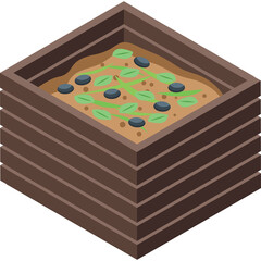 Isometric View Of A Square Wooden Compost Bin Filled With Organic Waste And Green Leaves Showing Decomposition Process In An Outdoor Garden Setting
