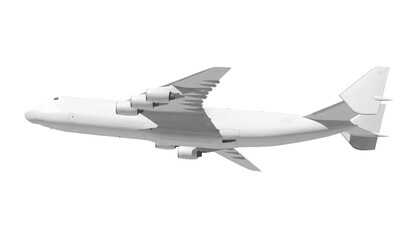 White airplane Antonov An-225 Mriya side view low angle isolated on a transparent background. Modern giant cargo airplane wtih six engines. The largest cargo airplane in the world.