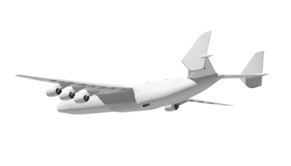 White airplane Antonov An-225 Mriya rear view corner angle isolated on a transparent background. Modern giant cargo airplane wtih six engines. The largest cargo airplane in the world.