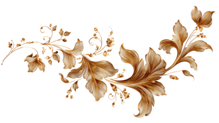 Golden decorative floral element with intricate vintage pattern and elegant ornamental details for luxury decoration isolated on white background