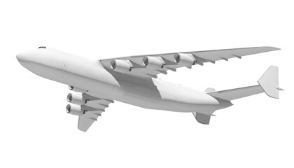 White airplane Antonov An-225 Mriya side view low angle isolated on a transparent background. Modern giant cargo airplane wtih six engines. The largest cargo airplane in the world.