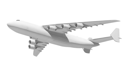 White airplane Antonov An-225 Mriya side view low angle isolated on a transparent background. Modern giant cargo airplane wtih six engines. The largest cargo airplane in the world.