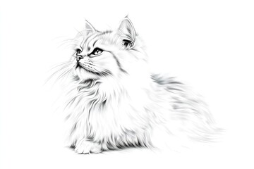 A fluffy white cat with piercing eyes stares intently off to the side in a detailed sketch style image