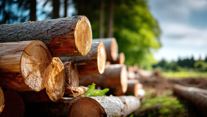 Freshly cut logs forming a woodpile in a forest, illustrating deforestation, lumber industry, and wood production