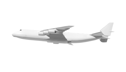 White airplane Antonov An-225 Mriya side view angle isolated on a transparent background. Modern giant cargo airplane wtih six engines. The largest cargo airplane in the world.