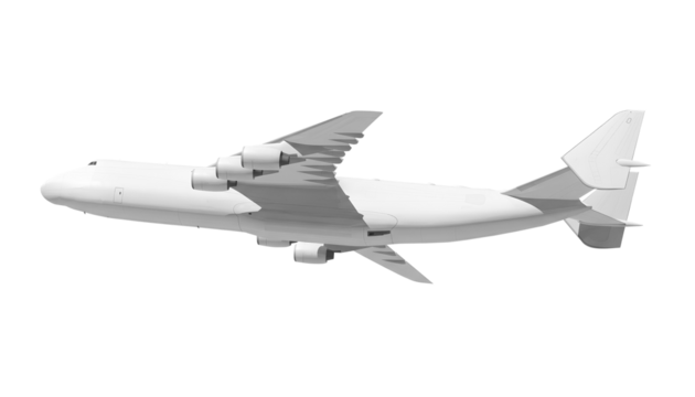 White airplane Antonov An-225 Mriya side view low angle isolated on a transparent background. Modern giant cargo airplane wtih six engines. The largest cargo airplane in the world.