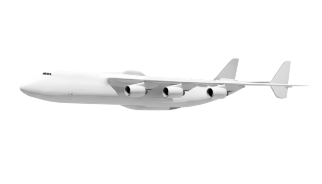 White airplane Antonov An-225 Mriya side view angle isolated on a transparent background. Modern giant cargo airplane wtih six engines. The largest cargo airplane in the world.