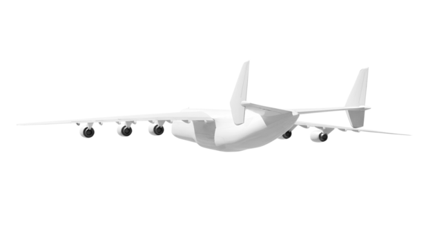 White airplane Antonov An-225 Mriya rear back view corner angle isolated on a transparent background. Modern giant cargo airplane wtih six engines. The largest cargo airplane in the world.