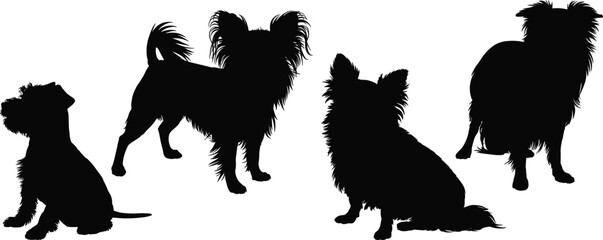 Dog breed silhouettes, black vector illustration of small dogs, various poses, furry texture, pet animal clipart, isolated graphic for design