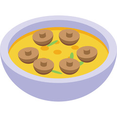 A Bowl of Yellow Soup With Five Brown Mushroom Slices and Green Herbs Floating in a Light Purple Bowl Overhead View