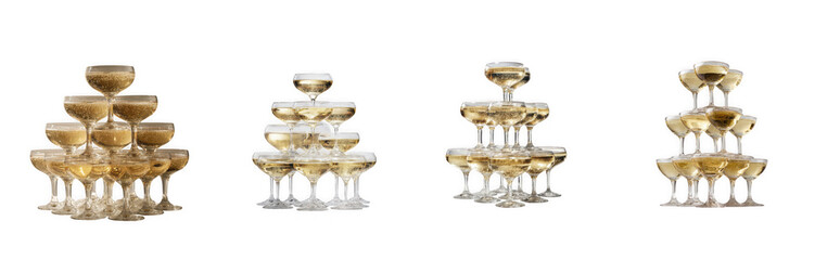 Four champagne glass towers with bubbling champagne, isolated on transparent background
