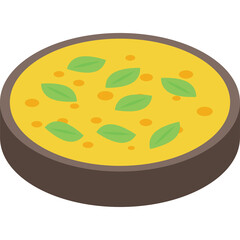 A Bowl Of Yellow Soup With Green Leaves And Orange Dots In A Dark Bowl On A Transparent Background, Isometric View