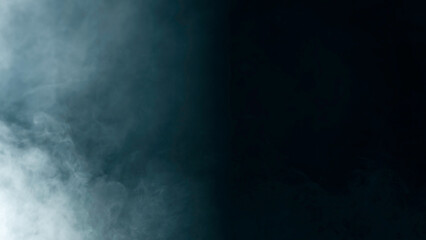 Abstract smoke and fog on a dark background with neon lights and spotlight floor, creating a mystical atmosphere. Perfect scene for product display, night view, or scary Halloween background concept