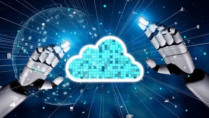 Futuristic representation of robot hands reaching for a cloud, illustrating digital connection and data storage in a high-tech environment with abstract elements. Xenic