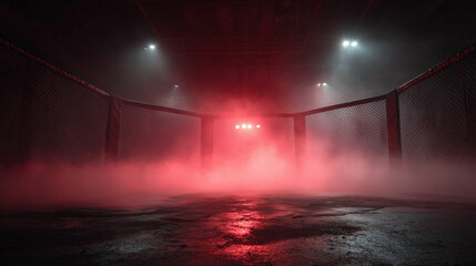 Big boxing stage with smoke effect around , red spotlight shining from the top , action mood.