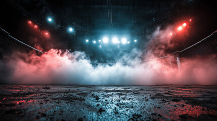 Boxing stage with smoke effect around and spotlight shining frome the top.