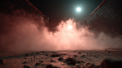 Smoke effect around the fight stage with the cage and spotlight at the top , action mood.