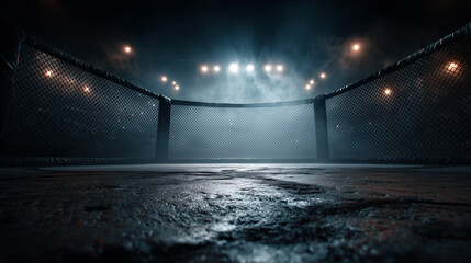 Low angle , boxing stage with cage and smoke efffect is background , action mood.