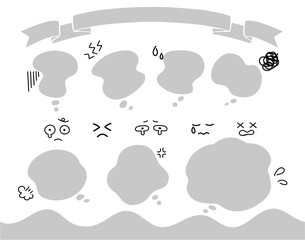 もやもや・悩みの吹き出しセット 困りごと・怒り・汗・ため息などを表現した漫符イラスト付き(リボン装飾)