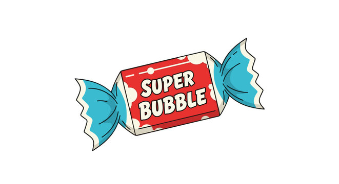 A cartoon depiction of a piece of Super Bubble bubble gum, showcasing the nostalgic treat with its colorful packaging and recognizable brand name.